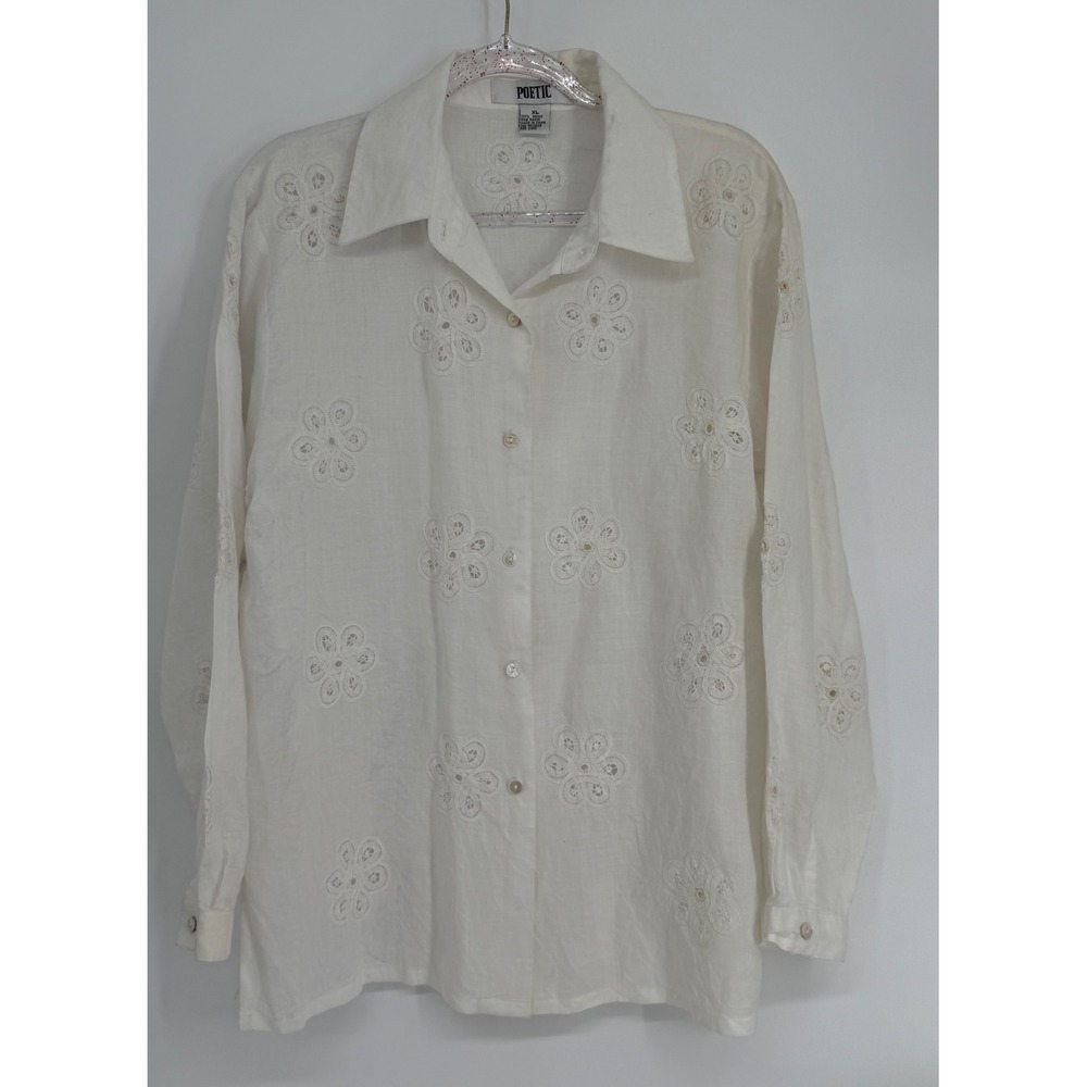 Poetic White 100% Ramie Floral‎ Eyelet Embroidered Button Down BOHO Shirt Sz XL